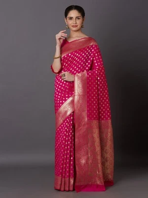 Pink & Gold-Toned Kanjeevaram Silk Blend Saree with Zari Border - Image 1 of 4