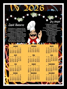 2026 CALENDAR MAGNET Fat Chef Decor + Conversion Chart for Dry/Liquid Measures - Imagen 1 de 2
