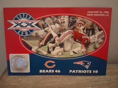 Super Bowl XX Commemorative Coin W/ Jumbo Postcard Bears Vs Patriots 1986 - Image 1 of 4