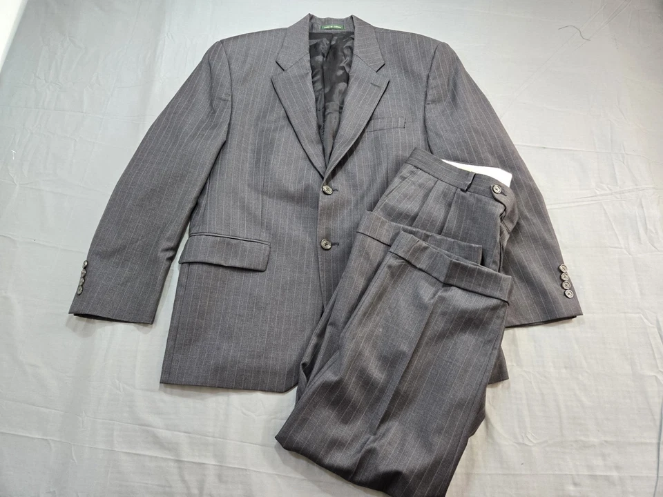 Ralph Lauren Suit Mens 40S Pants 34x29 Gray Striped Full Vintage Wool - Image 1 of 4