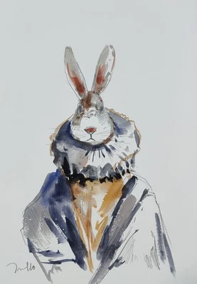 Pintura Acuarela Coleccionable ORIGINAL Conejo Elegante Certificado de Autenticidad JOSE TRUJILLO Foto 1 de 4