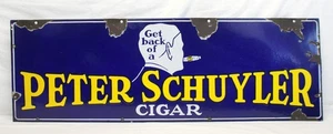 💥frühes GET BACK OF A PETER SCHUYLER Porzellanschild ZIGARRE WERBUNG 12x36💥 - Bild 1 von 7