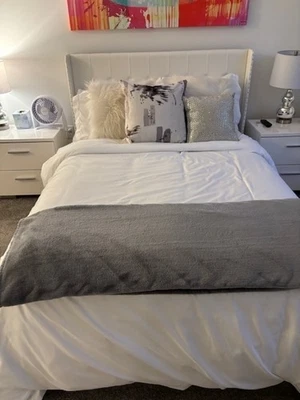 Slightly used, full size mattress and box spring set with modern headboard  - Image 1 of 4