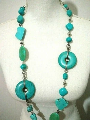 Collar Chico's Boho Distintivo 36" Grueso Imitación Turquesa Piedra Tribal Negrita Foto 1 de 4