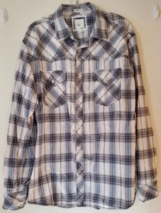 BKE Buckle Mens Blue Plaid Snap Button Shirt XL Western Heavy Stitch AthleticFit - Picture 1 of 6