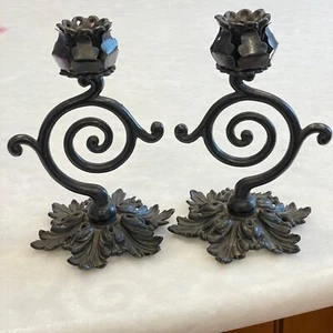 Antique Iron Candle Holders Ornate Leaf Base Victorian Gothic Dark Academia - Picture 1 of 9