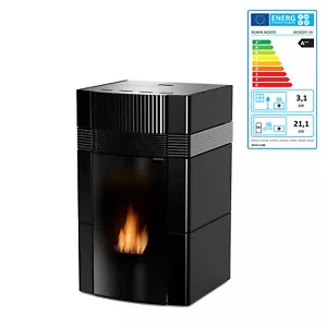 Woody Wassergeführter Pelletofen 24 kW Keramik Schwarz Pellet Kaminofen Heizung - Bild 1 von 8
