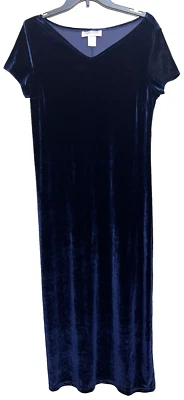 Vintage Maggy London Velvet Maxi Dress Womens L Blue Short Sleeve Long Stretchy - Image 1 of 4