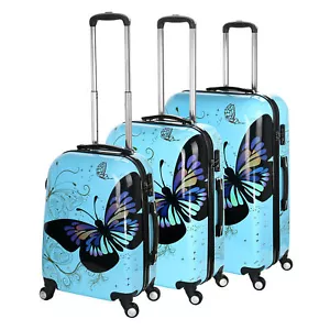 Hard Shell 4 Wheel Suitcase PC Luggage Trolley Case Cabin Hand Butterfly - Blue - Picture 1 of 5