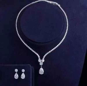 Women Mix Jewelry Set 14K White Gold Plated 18'' 15Ct Round Lab Created Diamond - Picture 1 of 5