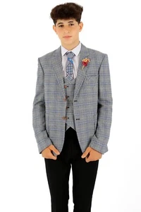 Boys Windowpane Check Suit Blue Black Slim Fit Page Boy Wedding 3 Piece Set - Picture 1 of 11