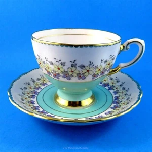Pink and Light Blue with Yellow and Purple Flowers Tuscan Tea Cup & Saucer - Picture 1 of 3