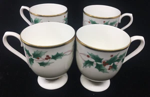 Mikasa Ribbon Holly CAF03 Christmas 4 Coffee Mugs 4" Footed Cup Gold Trim Japan - Photo 1/7