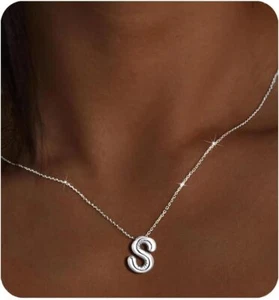 Silver "S" Initial Necklaces for Women Teens Gifts Trendy Bubble Letter Pendant - Photo 1/6