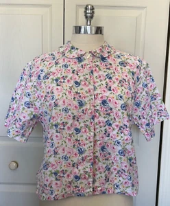 Liz Sport Pink & Blue Floral SS Button Down Peter Pan Collar Blouse Size S VTG - Picture 1 of 9