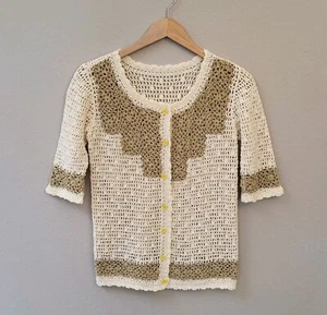 VTG Hand Crochet Knit Button Up Cardigan Fits XS/S Cream Tan Short Sleeve - Picture 1 of 11