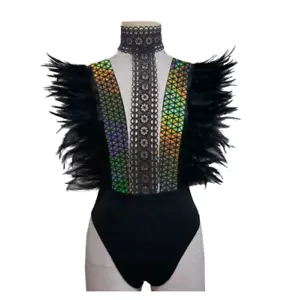 Gothic Real Feathers Holographic Choker Top Festival Burning Man Tassel Bodysuit - Picture 1 of 8