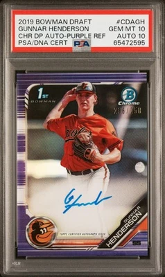 2019 Bowman Draft Chrome Gunnar Henderson Pros Auto Purple Ref /250 PSA 10 Pop 4 - Image 1 of 4