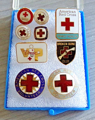 Vintage 9pc AMERICAN RED CROSS Pins: Family Health-VIP Donor-Broken Bone Club - Image 1 of 3