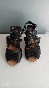 Coach Black Leather Woven Strappy Cork Heel Sandals Buckle Detail - Picture 1 of 7