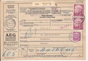 Paketkarte Bund, Heuss Frankatur, Versender AEG Belecke, 1961 nach Belgien - Bild 1 von 1