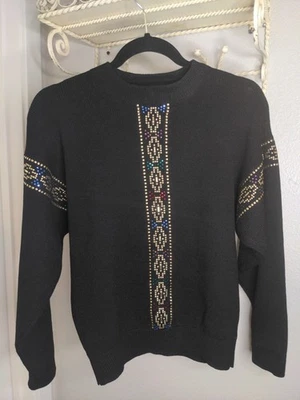 复古 80 年代 Wayne St. John 毛衣黑色带金色耳钉和水钻全新 Wave S 码 — 第 1/4 张图片