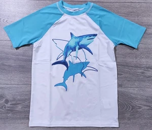 Lands End Shirt Boys Medium 8 White Shark Rash Guard Swim Shirt Kids - Picture 1 of 7
