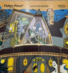 Vintage 1984 Fisher-Price Holz Spukhaus Puzzle 13 Stück mit Heringen #2712 - Bild 1 von 11