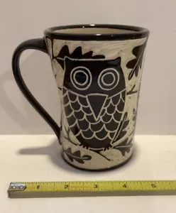 Art Pottery Becher_Stempel_Signiert ""JF""_Eulen in Eiche_Schwarz & Weiß_Whimsical_Exc - Bild 1 von 12