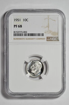 Moneda de diez centavos Roosevelt 1951 de plata a prueba de 10C NGC PF 68 - camafeo ligero Foto 1 de 2