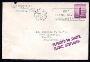US TO PHILIPPINES 1942 WWII LT. CHARLES MUELLER MANILA COVER - Picture 1 of 2