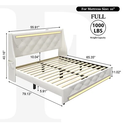 Upholstered Faux Leather Full Queen LED Bed Frame with Storage Bag Headboard - Image 1 of 4