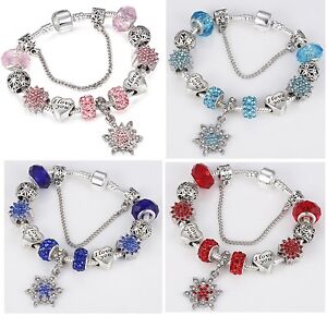 I Love You Heart Silver Snowflake Bracelet Beads Crystal Barrel Snap Clasp Gift