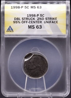 1998-P Jefferson Nickel MS63 ANACS • Double Struck 2nd Strike 95% Off-Center - Image 1 of 4