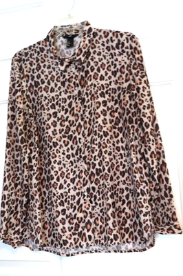 Blusa Top H&M Para Mujer Marrón/Negro Estampado Leopardo Manga Larga Con Botones Talla 12 Foto 1 de 4