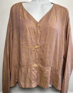 Flax 100% Linen Boxy Top Blouse M Button Front V-neck L/S Pink /Gold - Picture 1 of 8