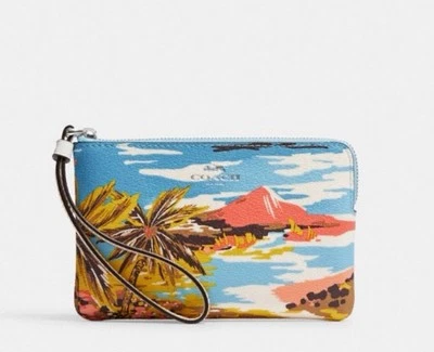 NUEVO CON ETIQUETAS PULSERA COACH TIZA/AZUL PEQUEÑA ESQUINA CREMALLERA CON ESTAMPADO HAWAIANO CK416 Foto 1 de 3