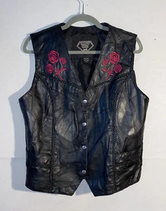 Diamond Plate Buffalo Leather Vest ROSE Embroidered Sz L Lined Pockets Biker - Picture 1 of 10