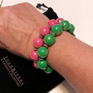 Lot of 2 Vintage Joan Rivers Bracelets Pink Green Globes Stretch Preppy w/ Bag - Picture 1 of 9