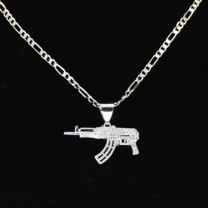 AK47 Gun iced Cz Pendant Silver Plated 20" Figaro Chain Men's Necklace Hip Hop - Picture 1 of 3