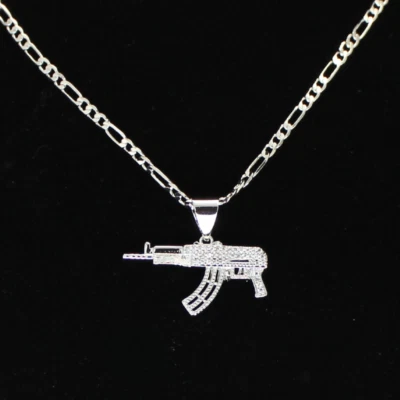 AK47 Pistola Circonita Helada Colgante Plateado 20" Cadena Figaro Collar Hombre Hip Hop Foto 1 de 3