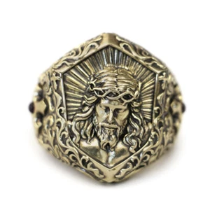 Brass Suffering Jesus Christ Punk Ring Details Cross Shield BR459C UK Size P½~Z5 - Picture 1 of 27