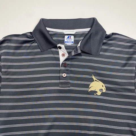 Texas State University Bobcats Polo Shirt Mens Medium Gray Stripped Russell Cover