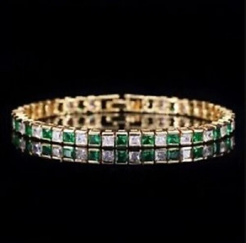 8 Carat Yellow Gold Plated Princess Cut Lab Created Emerald Her Bracelet 7.50" . - Image 1 of 3