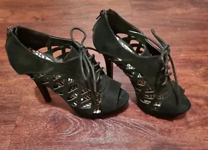Vintage Peep Toe Platform Stilettos Heels Black Velvet Size 9 - Picture 1 of 8