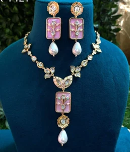 Kaufen Rosa Blumen Schmuck Set Vergoldet Polki Kundan Und Meenakari Halskette Set - Bild 1 von 3