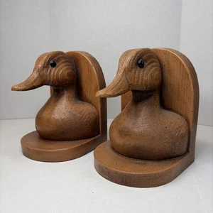 Entenkopf Buchstützen Vintage Paar Set braun sehr schwer Holz Glasauge 6" hoch - Bild 1 von 5