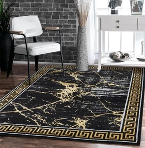 Area Rugs Marble 8x10 Black Gold Carpet Modern Abstract Rug Living Room Dinin... - Picture 1 of 6