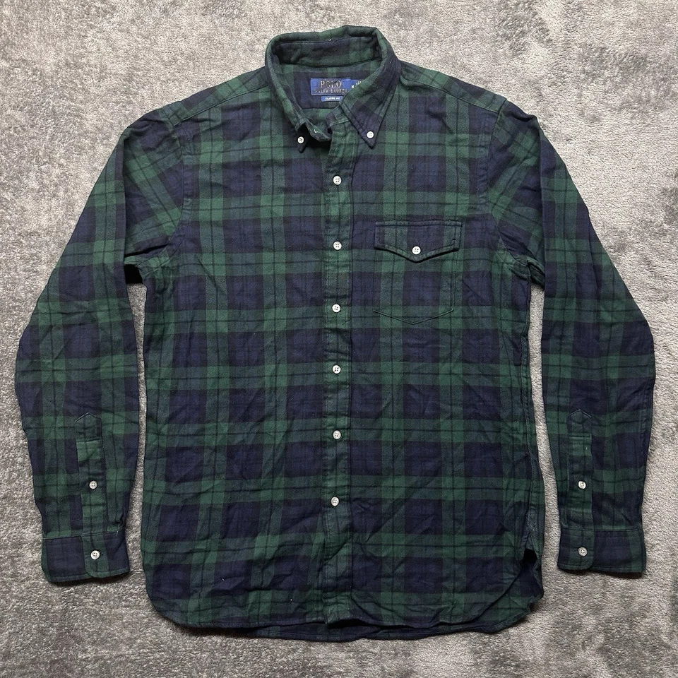 Polo Ralph Lauren Shirt Mens Medium Green Blue Tartan Plaid Flannel Button Up - Image 1 of 4