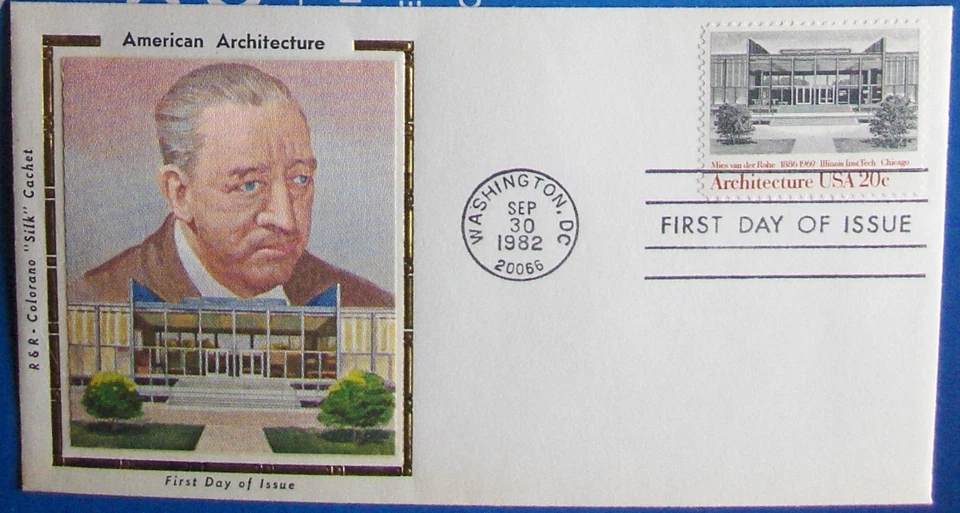 US FDC cover MIES DER ROHE AMERICAN ARCHITECTURE COLORANO "SILK" CACHET 1982. - Image 1 of 1